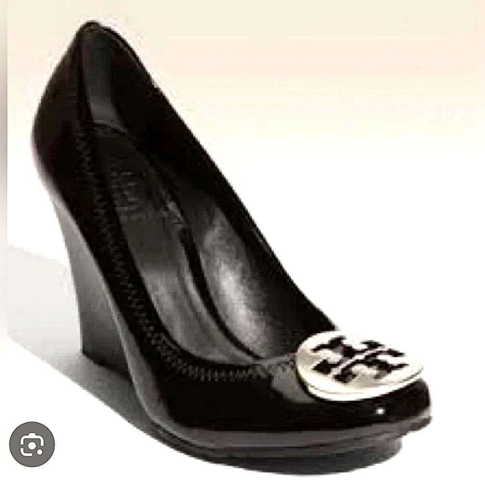 Tory Burch Designer Black Patent Leather Wedge Pumps Heel 8.5